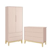 Jogo de Quarto Infantil Classic Guarda Roupa 2 Portas e Cômoda 6 Gavetas Rosa Fosco com Pés Madeira Natural - Reller Móveis