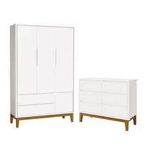 Jogo de Quarto Infantil Classic Guarda Roupa 3 Portas e Cômoda 6 Gavetas Branco Fosco com Pés Amadei