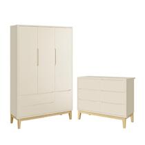 Jogo de Quarto Infantil Classic Guarda Roupa 3 Portas e Cômoda 6 Gavetas com Pés Madeira Natural - Reller Móveis