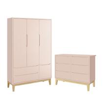 Jogo de Quarto Infantil Classic Guarda Roupa 3 Portas e Cômoda 6 Gavetas Rosa Fosco com Pés Madeira Natural - Reller Móveis