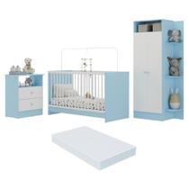 Jogo De Quarto Infantil Com Colchão Incluso Trevalla Móveis Pom Pom - Azul-branco Azul-branco