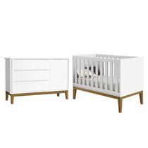 Jogo de Quarto Infantil Cômoda 1 Porta e Berço Classic Branco Fosco com Pés Amadeirado - Reller Móveis