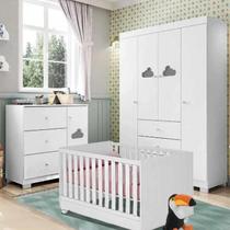 Jogo de Quarto Infantil Completo Nuvem com Guarda Roupa 4 Portas, Cômoda 1 Porta e Berço Branco - Phoenix Baby