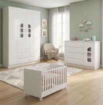 Jogo de Quarto Infantil de Bebê Berço Doce Sonho c/ Rodízios + Roupeiro Lívia 4 Portas + Cômoda Sapateira para Quarto