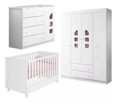 Jogo de Quarto Infantil de Bebê Berço Doce Sonho c/ Rodízios + Roupeiro Lívia 4 Portas + Cômoda Sapateira para Quarto