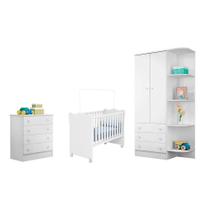 Jogo De Quarto Infantil Doce Sonho - Berço Simples, Cômoda, Armário - Branco - Qmovi