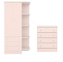 Jogo de Quarto Infantil Doce Sonho com Guarda Roupa 2 Portas e Cômoda 4 Gavetas Rosa - Qmovi