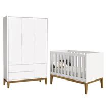 Jogo de Quarto Infantil Guarda Roupa 3 Portas e Berço Classic Branco Fosco com Pés Amadeirado - Reller Móveis
