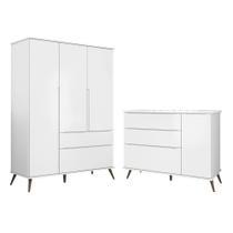 Jogo De Quarto Infantil Guarda Roupa 3 Portas e Cômoda 1 Porta 3 Gavetas 100% Mdf P04 Mel Branco Mpozenato