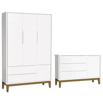 Jogo de Quarto Infantil Guarda Roupa 3 Portas e Cômoda 1 Porta Classic Branco Fosco com Pés Amadeirado - Reller Móveis Jogo de Quarto Infantil Guarda Roupa 3 Portas e Cômoda 1 Porta Classic Branco Fosco com Pés Amadeirado - Reller Móveis