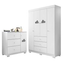 Jogo de Quarto Infantil Guarda Roupa 4 Portas e Cômoda 3 Gavetas Amora P04 Branco - Mpozenato