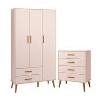 Jogo de Quarto Infantil Isis Guarda Roupa 3 Portas e Cômoda 4 Gavetas Rosa - Reller Móveis