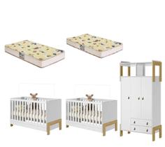 Jogo De Quarto Infantil Kit Gêmeos Com 2 Berços 2 Colchão e Roupeiro Fantasia - Móveis Leartam