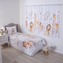 Jogo de Quarto Infantil Lençol Solteiro 2 Peças e Cortina Decorativa Safari