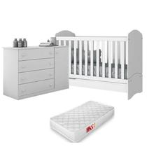 Jogo de Quarto Infantil MDF Old Clean Cômoda 4 Gavetas + Berço Mini Cama Branco c/ Colchão - Bela Móveis