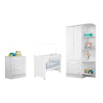 Jogo De Quarto Infantil Meu Soninho - Berço Simples, Cômoda, Armário - Branco - FdECOR