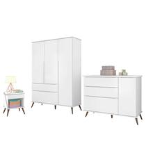 Jogo de Quarto Infantil Retrô Alice Guarda Roupa, Cômoda com Porta e Mesinha Branco - PR Baby