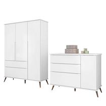 Jogo de Quarto Infantil Retrô Melinda Guarda Roupa e Cômoda com Porta Branco - Phoenix Baby