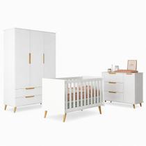 Jogo de Quarto Infantil Retrô Melinda Roupeiro, Cômoda e Berço Mini Cama Ana - Branco