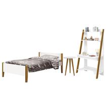 Jogo de Quarto Infantil Simba Estante Escrivaninha, Cama e Mesa de Canto Theo Branco Fosco com Pés Amadeirado - Reller Móveis