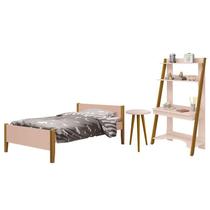 Jogo de Quarto Infantil Simba Estante Escrivaninha, Cama e Mesa de Canto Theo Rosa Fosco com Pés Ama