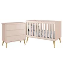Jogo de Quarto Infantil Theo Cômoda 3 Gavetas e Berço Rosa Fosco com Pés Madeira Natural - Reller Móveis