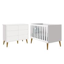 Jogo de Quarto Infantil Theo Cômoda 6 Gavetas e Berço Branco Fosco com Pés Amadeirado - Reller Móveis