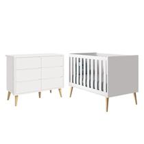 Jogo de Quarto Infantil Theo Cômoda 6 Gavetas e Berço Branco Fosco com Pés Madeira Natural - Reller Móveis