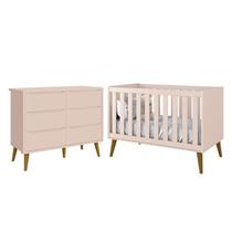 Jogo de Quarto Infantil Theo Cômoda 6 Gavetas e Berço Rosa Fosco com Pés Amadeirado - Reller Móveis