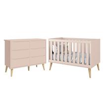 Jogo de Quarto Infantil Theo Cômoda 6 Gavetas e Berço Rosa Fosco com Pés Madeira Natural - Reller Mó