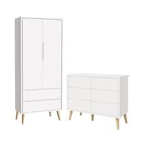 Jogo de Quarto Infantil Theo Guarda Roupa 2 Portas e Cômoda 6 Gavetas Branco Fosco com Pés Madeira N