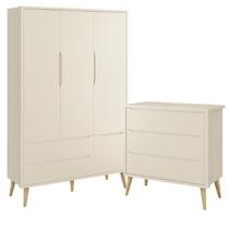 Jogo de Quarto Infantil Theo Guarda Roupa 3 Portas e Cômoda 3 Gavetas com Pés Madeira Natural - Reller Móveis