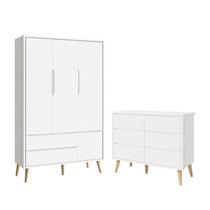 Jogo de Quarto Infantil Theo Guarda Roupa 3 Portas e Cômoda 6 Gavetas Branco Fosco com Pés Madeira Natural - Reller Móveis