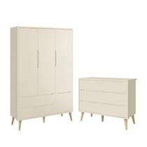 Jogo de Quarto Infantil Theo Guarda Roupa 3 Portas e Cômoda 6 Gavetas com Pés Madeira Natural - Reller Móveis