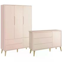 Jogo de Quarto Infantil Theo Guarda Roupa 3 Portas e Cômoda Rosa Fosco com Pés Madeira Natural - Reller Móveis Jogo de Quarto Infantil Theo Guarda Roupa 3 Portas e Cômoda Rosa Fosco com Pés Madeira Natural - Reller Móveis