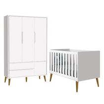 Jogo de Quarto Infantil Theo Retrô Guarda Roupa 3 Portas e Berço Branco com Pés Amadeirado - Reller Móveis