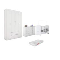 Jogo de Quarto MDF Branco Old Clean Roupeiro + Cômoda + Berço Mini Cama c/ Colchão - Bela Móveis Jogo de Quarto MDF Branco Old Clean Roupeiro + Cômoda + Berço Mini Cama c/ Colchão - Bela Móveis