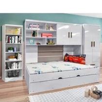 Jogo de Quarto Modulado com Roupeiro, Módulo Aéreo, Cama com Auxiliar e Estante para livros Branco - Phoenix Baby