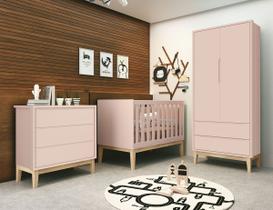Jogo de Quarto para Bebê Completo 2 Portas Classic New Rosa Fosco com Natural - Reller Jogo de Quarto para Bebê Completo 2 Portas Classic New Rosa Fosco com Natural - Reller