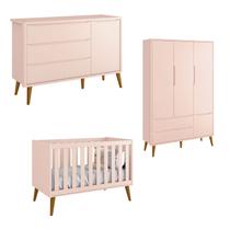 Jogo de Quarto para Bebê Completo 3 Portas Théo New Rosa Fosco com Madeira - Reller Jogo de Quarto para Bebê Completo 3 Portas Théo New Rosa Fosco com Madeira - Reller