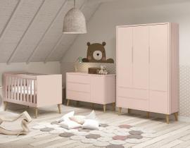 Jogo de Quarto para Bebê Completo 3 Portas Théo New Rosa Fosco com Natural - MoveisAqui Jogo de Quarto para Bebê Completo 3 Portas Théo New Rosa Fosco com Natural - MoveisAqui