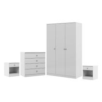 Jogo de Quarto Solteiro Guarda-Roupa Cômoda Mesa de Cabeceira London 4 Peças Branco