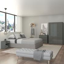 Jogo de Quarto Solteiro Mesinha de Cabeceira Guarda-Roupa e Cômoda London Cinza