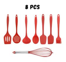 Jogo De Silicone Maciço 8 Pcs Vermelho ou Preto Escumadeira Colher Espátula Fouet - Original