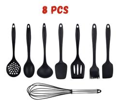 Jogo De Silicone Maciço 8 Pcs Vermelho ou Preto Escumadeira Colher Espátula Fouet