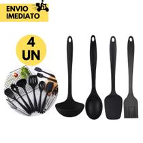 Jogo de Silicone p/ Cozinha com 4 Peças Colher, Concha, Espátula e Pincel Cor Preto Resistente a Tem Jogo de Silicone p/ Cozinha com 4 Peças Colher, Concha, Espátula e Pincel Cor Preto Resistente a Tem