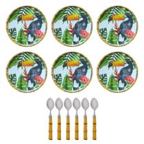 Jogo de Sobremesa 12 Peças Pratos Amazônia e Colheres Bambu