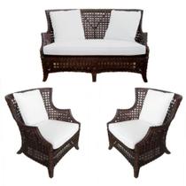 Jogo de Sofa Area Externa Madeira c Rattan Imbuia Luxo