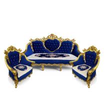 Jogo de Sofá Clássico com Par de Poltronas Azul Escuro com Dourado 114x198x80cm x 104x84x75cm
