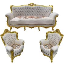 Jogo de Sofá Clássico com Par de Poltronas Bege com Dourado Ideal para Sala 110x201x82 e 108x80x82cm Jogo de Sofá Clássico com Par de Poltronas Bege com Dourado Ideal para Sala 110x201x82 e 108x80x82cm